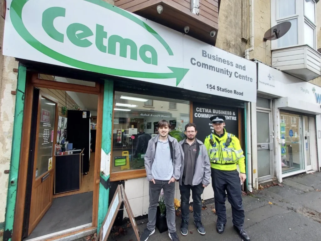 Elian Keith and PCSO outside cetma llanelli